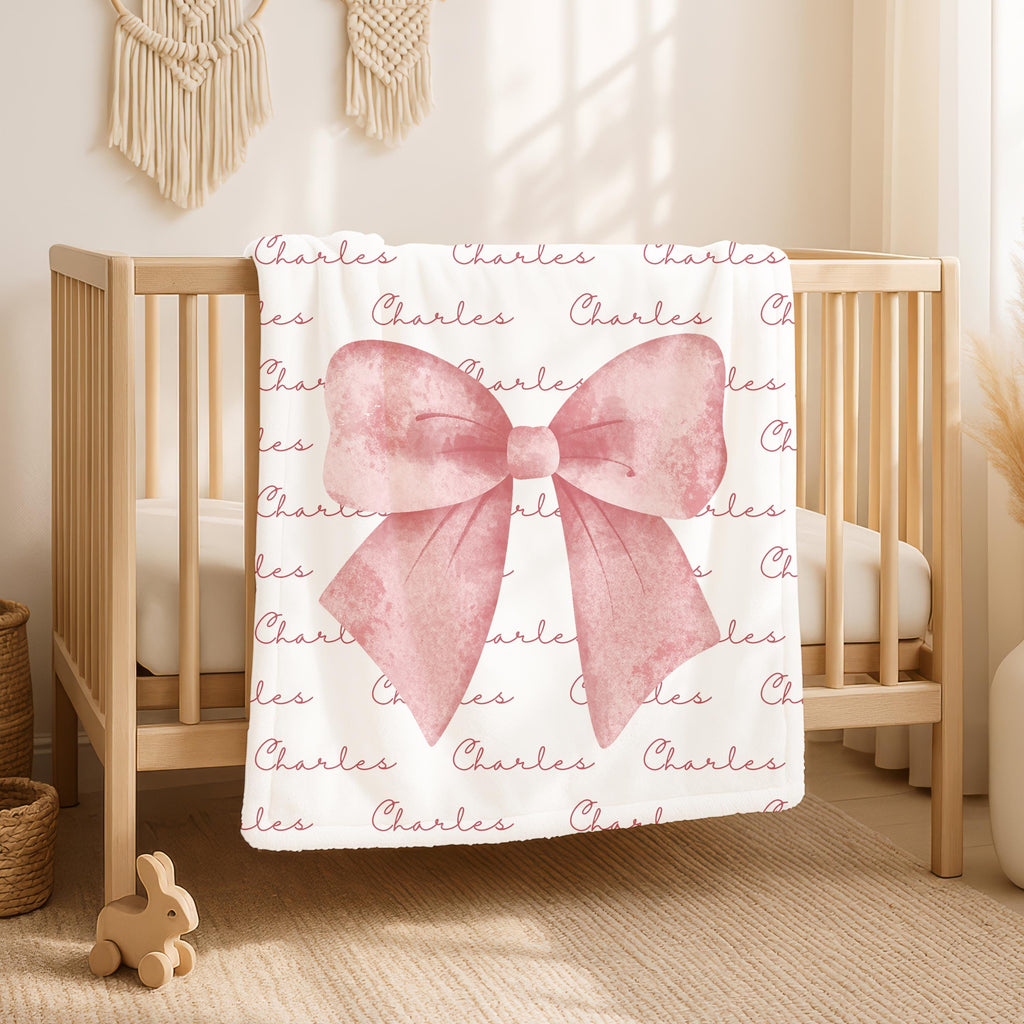 Personalized Pink Bow Blanket,Custom Name Baby Shower Gift,Coquette Aesthetic,Cozy Baby Girl Gift,Soft Nursery Swaddle,Newborn Baby Throw
