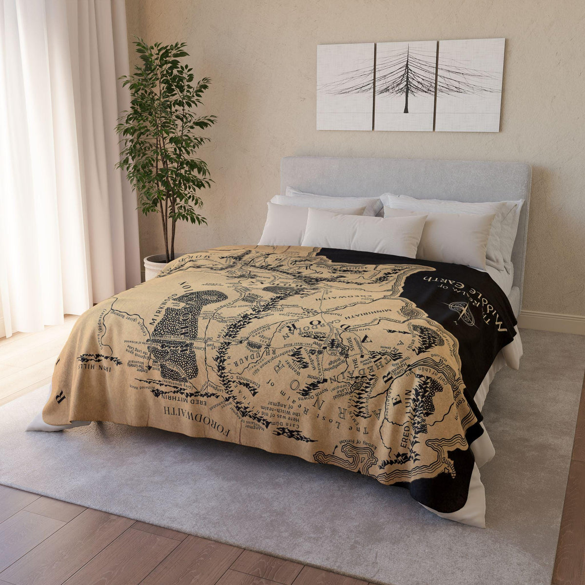 Middle Earth Map Blanket, Lord of the Fantasy Map Sherpa Throw, Dark Academia Room Decor, Vintage Fantasy Cartography Bookish Bedding Gift