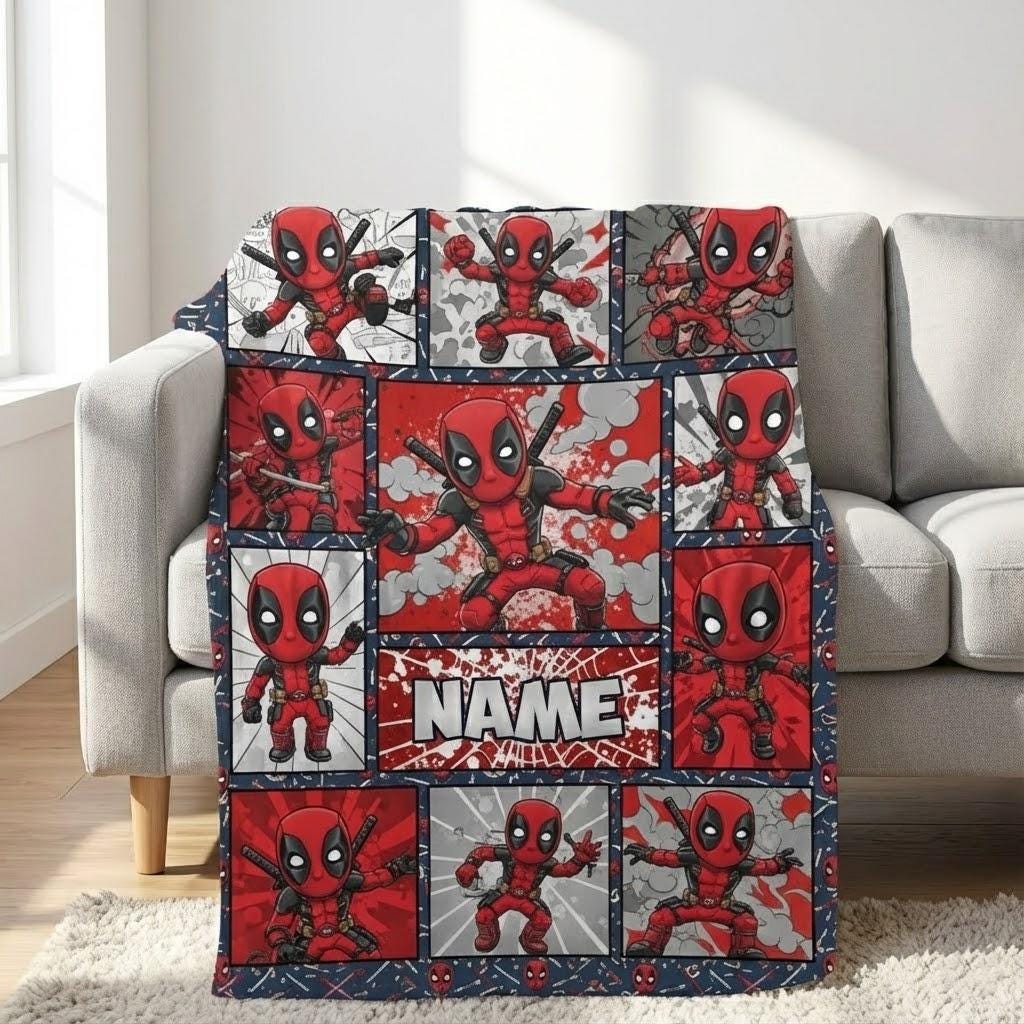 Deadpool Style Personalized Blanket, Superhero Comic Quilt Blanket, Custom Name Fleece Blanket, Marvel Fan Gift, Cozy Throw Blanket