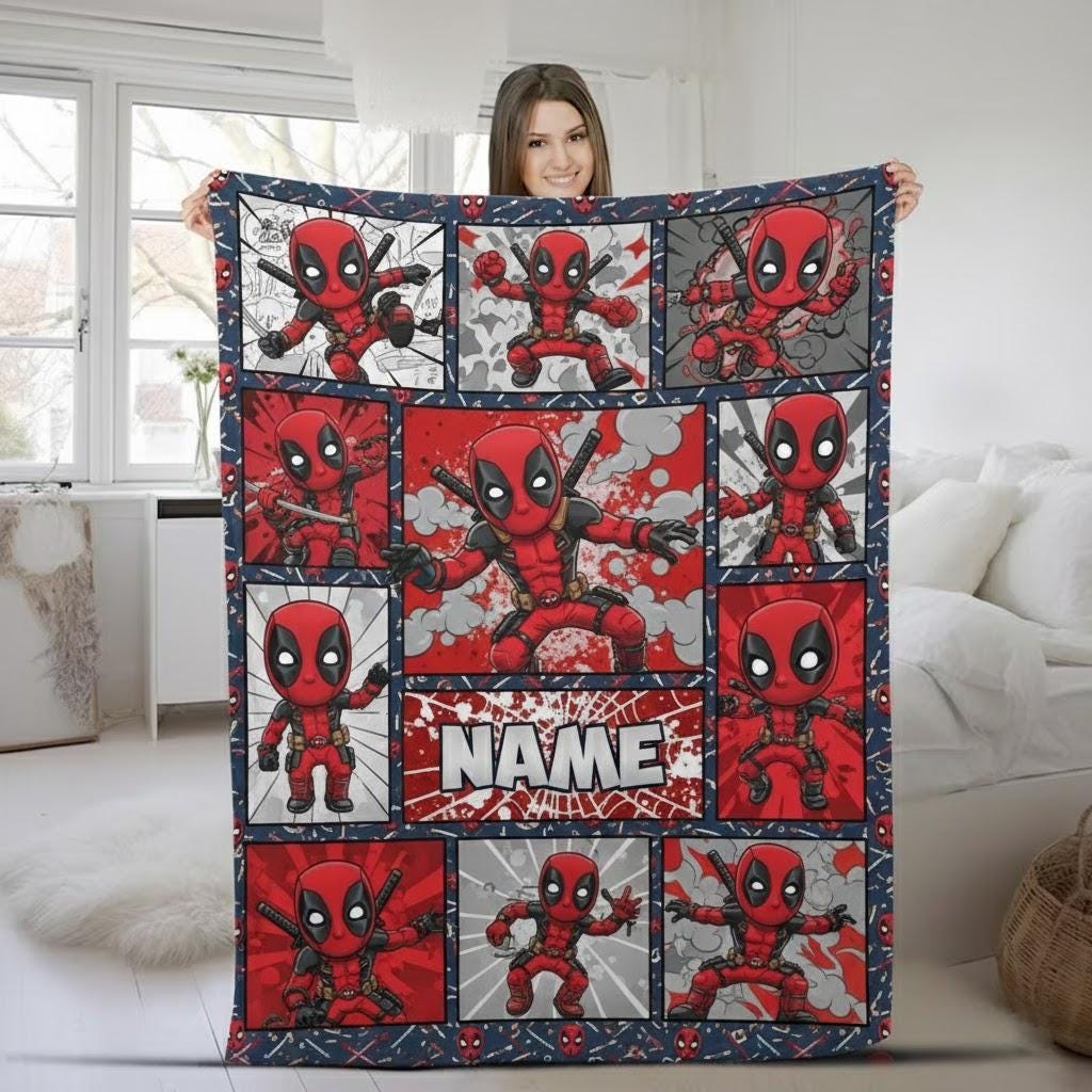Deadpool Style Personalized Blanket, Superhero Comic Quilt Blanket, Custom Name Fleece Blanket, Marvel Fan Gift, Cozy Throw Blanket