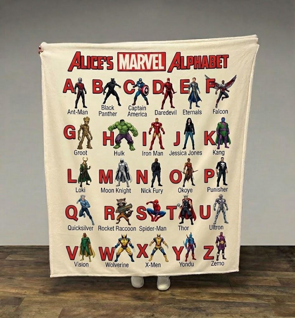 Personalized Marvel Superhero Alphabet Blanket, Custom Kids Blanket, Baby Blanket, Gift for Kids, Boys Birthday Gift