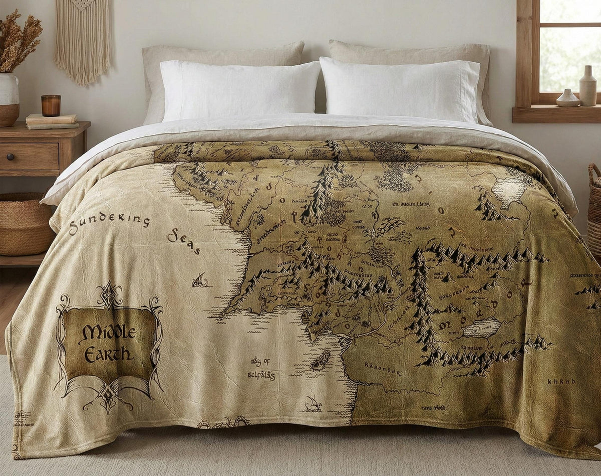 Middle Earth Blanket, Lord of the Fantasy Map Blanket, Middle Earth Map Bedding gifts, Book Lover Blanket Middle-Earth Map Throw