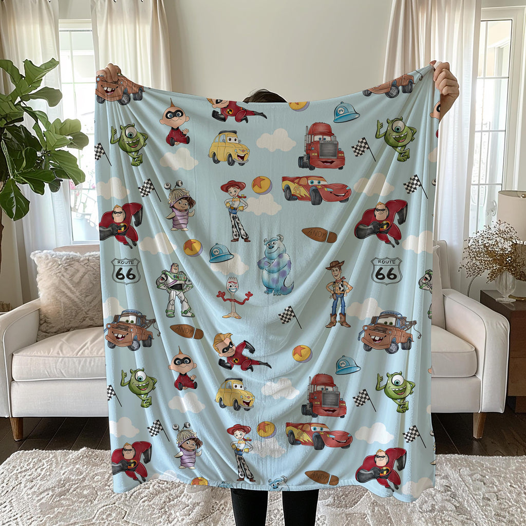 Pixar Disney Blanket Cars, Toy Story, Monsters Inc, Incredibles, Velveteen Plush Blanket | Kids Pattern