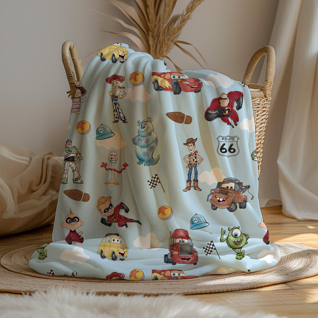 Pixar Disney Blanket Cars, Toy Story, Monsters Inc, Incredibles, Velveteen Plush Blanket | Kids Pattern