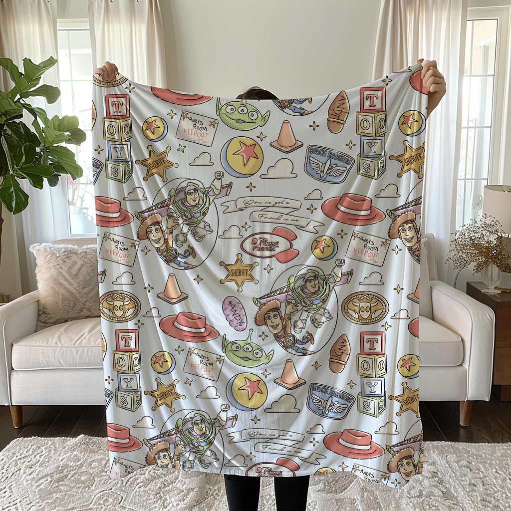 Toy Space Adventure Velveteen Plush Blanket | Retro Toy Pattern, Toy Story Blanket
