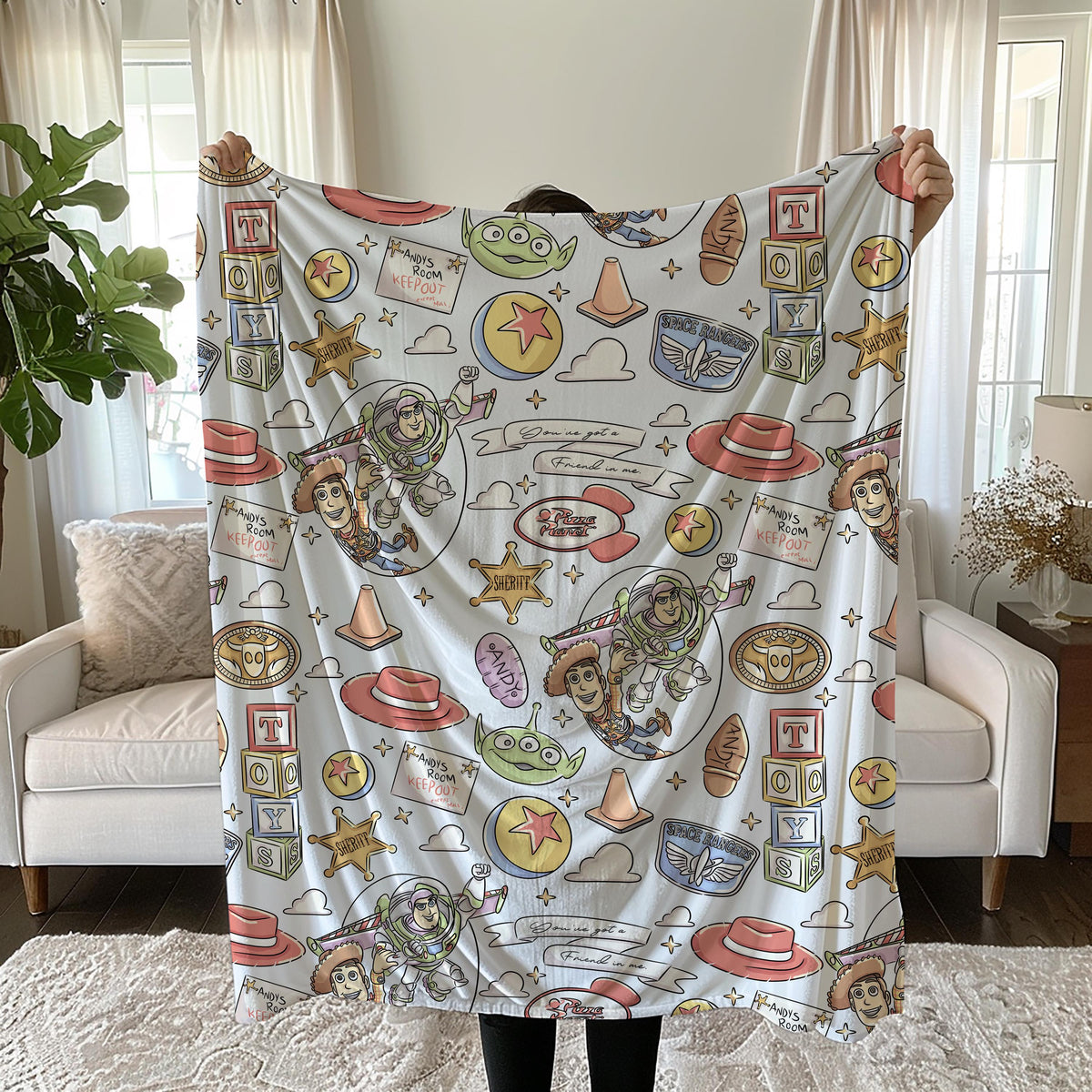 Toy Space Adventure Velveteen Plush Blanket | Retro Toy Pattern, Toy Story Blanket