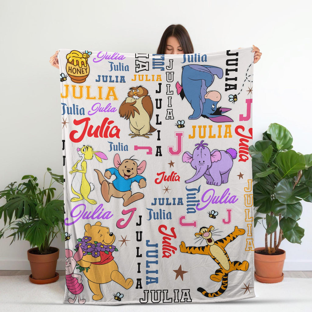 Personalized Winnie the Pooh Baby Blanket with Name, Custom Classic Pooh Nursery Decor, Soft Newborn Swaddle, Baby Shower Gift for Girls