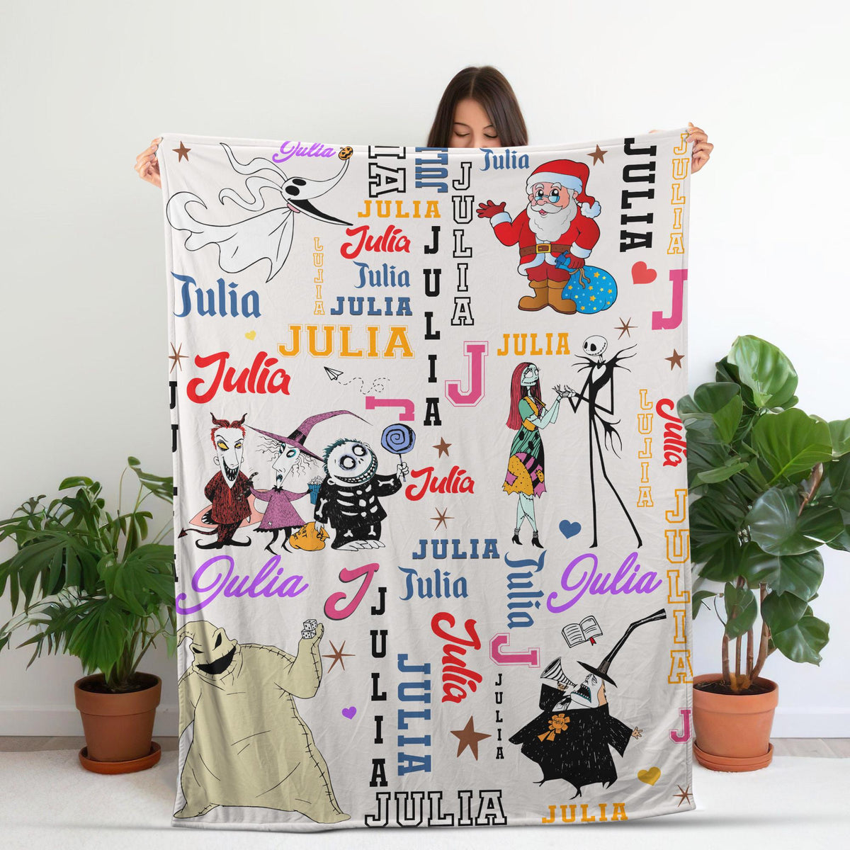 Personalized Nightmare Christmas Blanket, Custom Name Jack and Sally Fleece Throw, Spooky Cute Kids Bedding, Birthday Gift for Her or Him