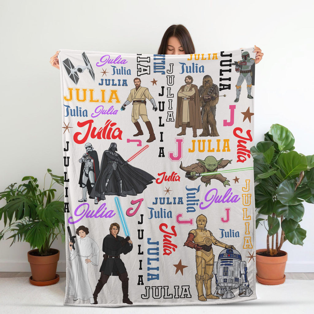 Personalized Star Wars Blanket with Name, Custom Name Collage Galaxy Throw, Jedi Fan Gift for Boys Girls, Star War Nursery, Minky Blanket