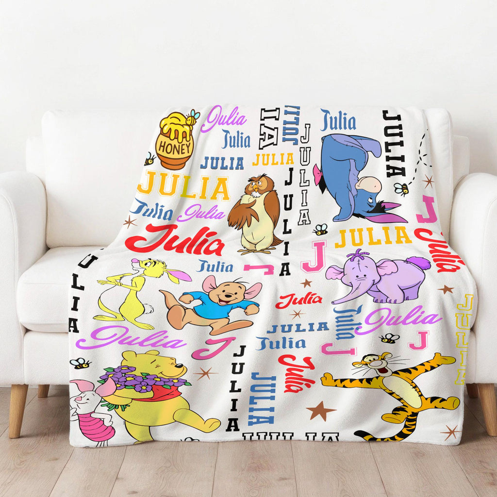 Personalized Winnie the Pooh Baby Blanket with Name, Custom Classic Pooh Nursery Decor, Soft Newborn Swaddle, Baby Shower Gift for Girls