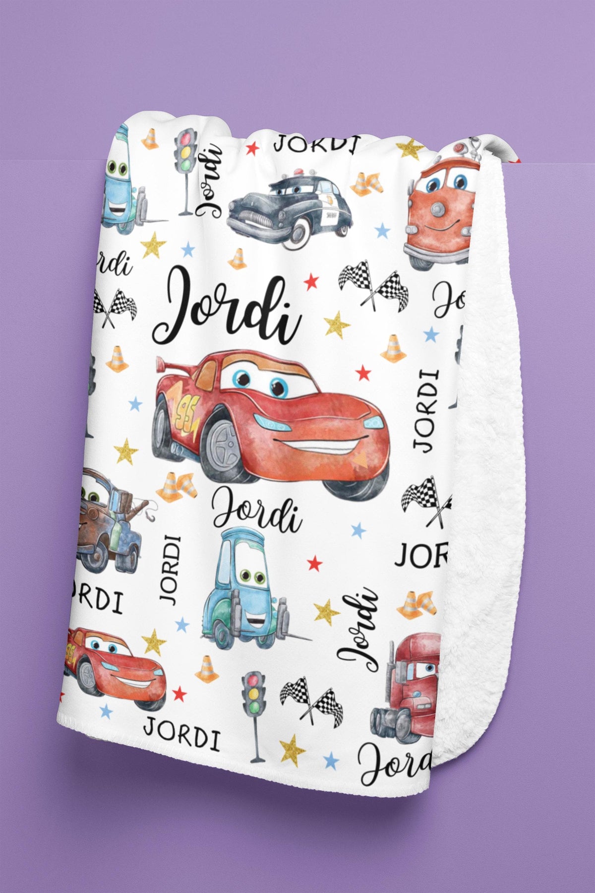 Customizable Lightning McQueen Baby Blanket, Cars Sherpa Fleece Decor