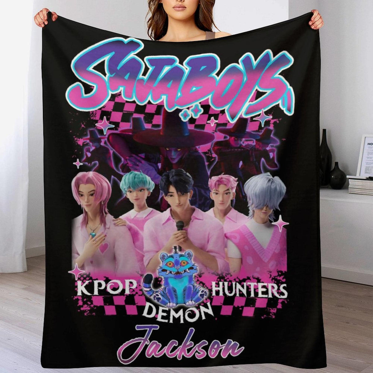 Saja Boys Blanket, Cozy K-Pop Demon Hunters Huntrix Blanket, Custom Saja Boy Birthday Gift for K-Pop Fans,Custom Kpop Demon Hunters Blanket
