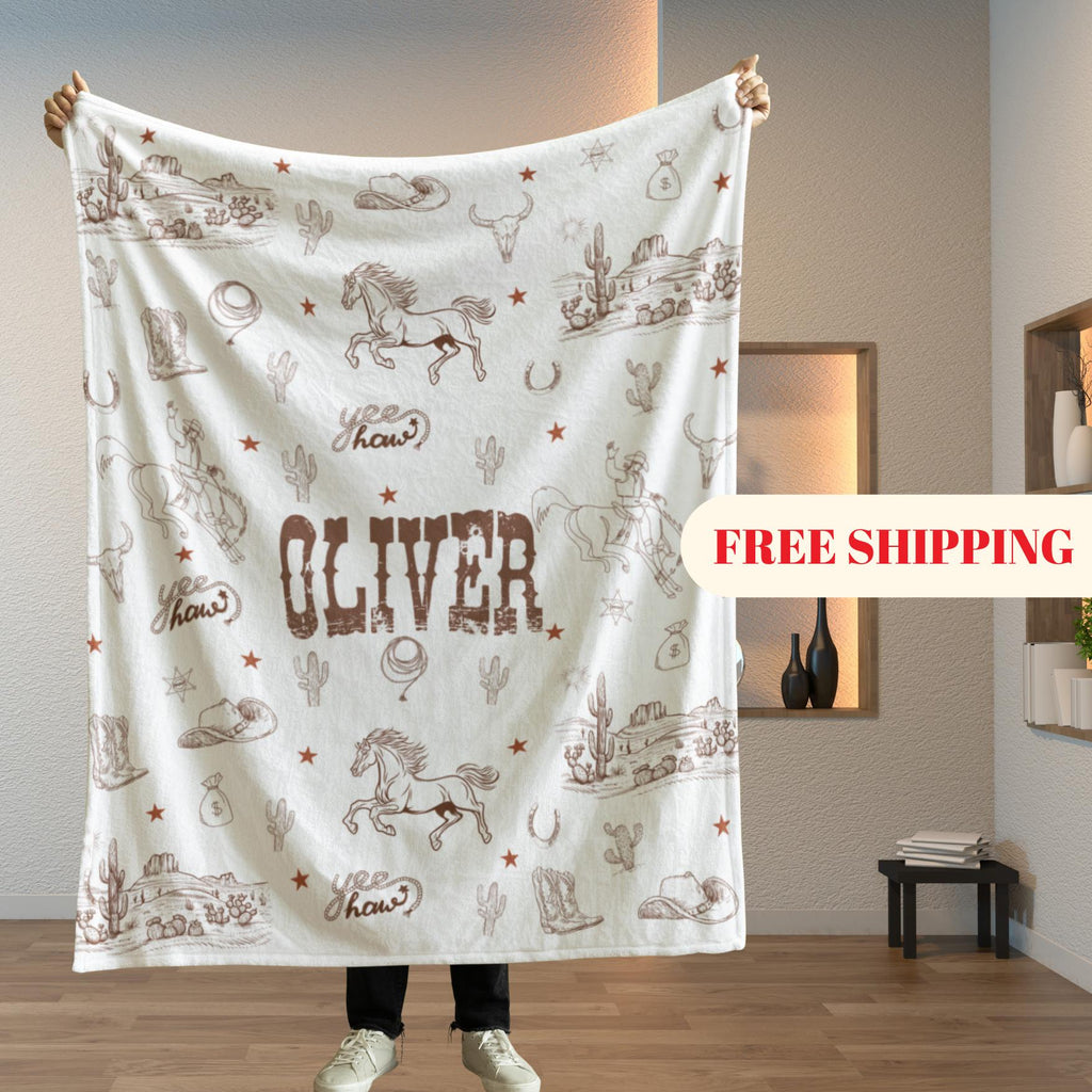 Personalized Western Cowboy Baby Blanket, Custom Name Horse Nursery Throw
