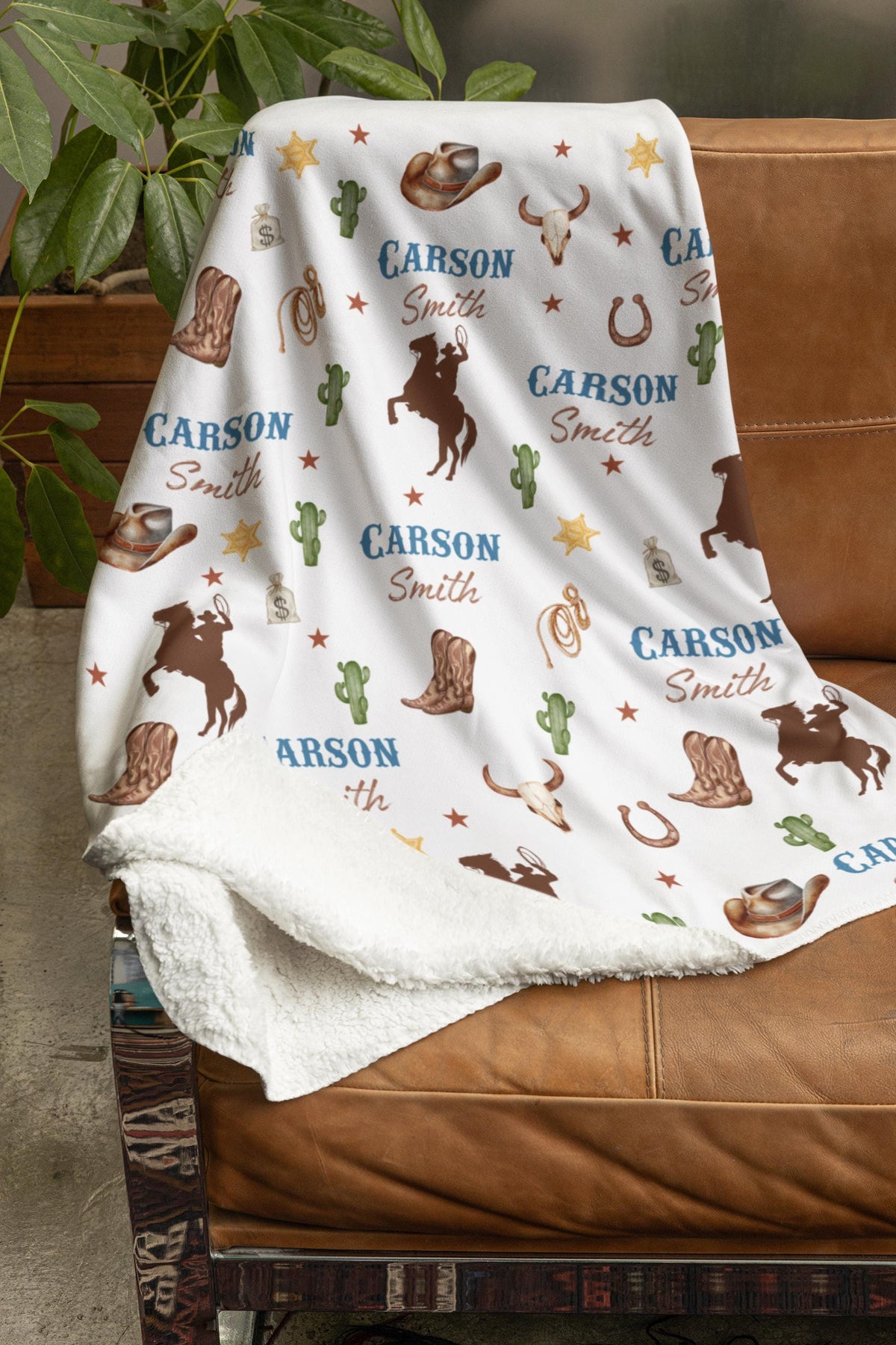 Personalized Cowboy Baby Blanket, Custom Western Nursery Throw, Rustic Horseback Crib Quilt