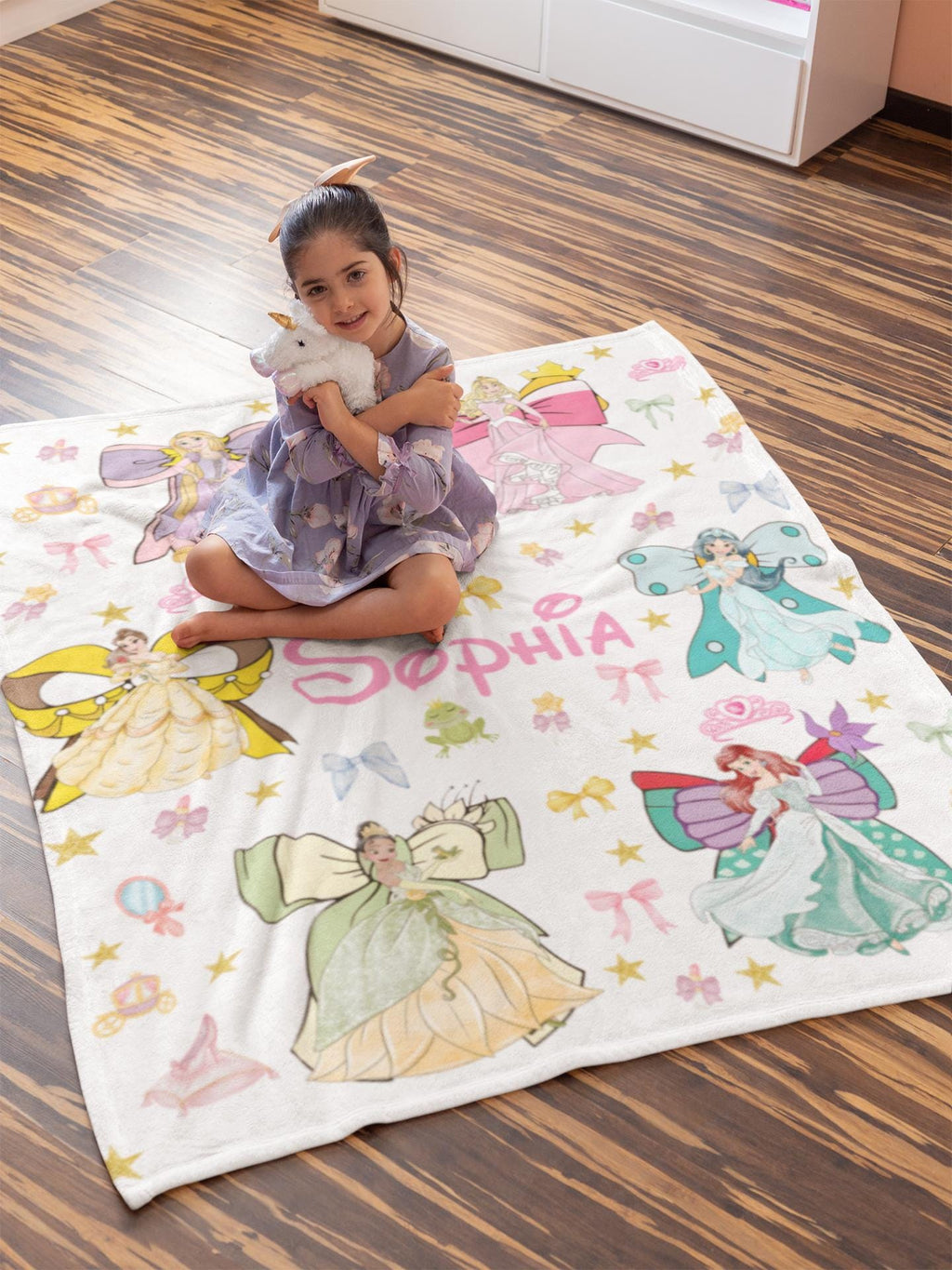 Personalized Watercolor Coquette Bows Disney Princess Blanket, WDW Disneyland Baby Girl Trip Blanket, Disney Princess Birthday Girl Blanket