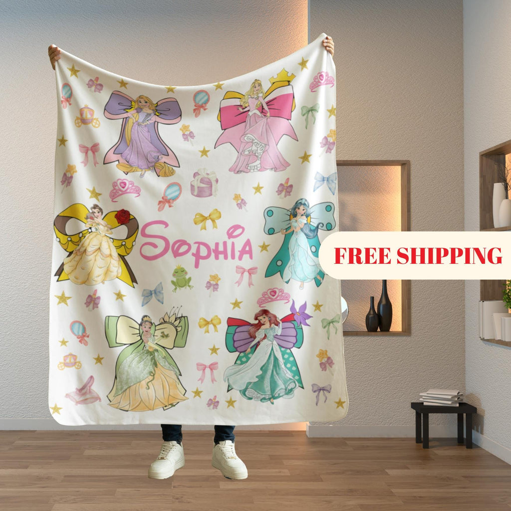 Personalized Watercolor Coquette Bows Disney Princess Blanket, WDW Disneyland Baby Girl Trip Blanket, Disney Princess Birthday Girl Blanket