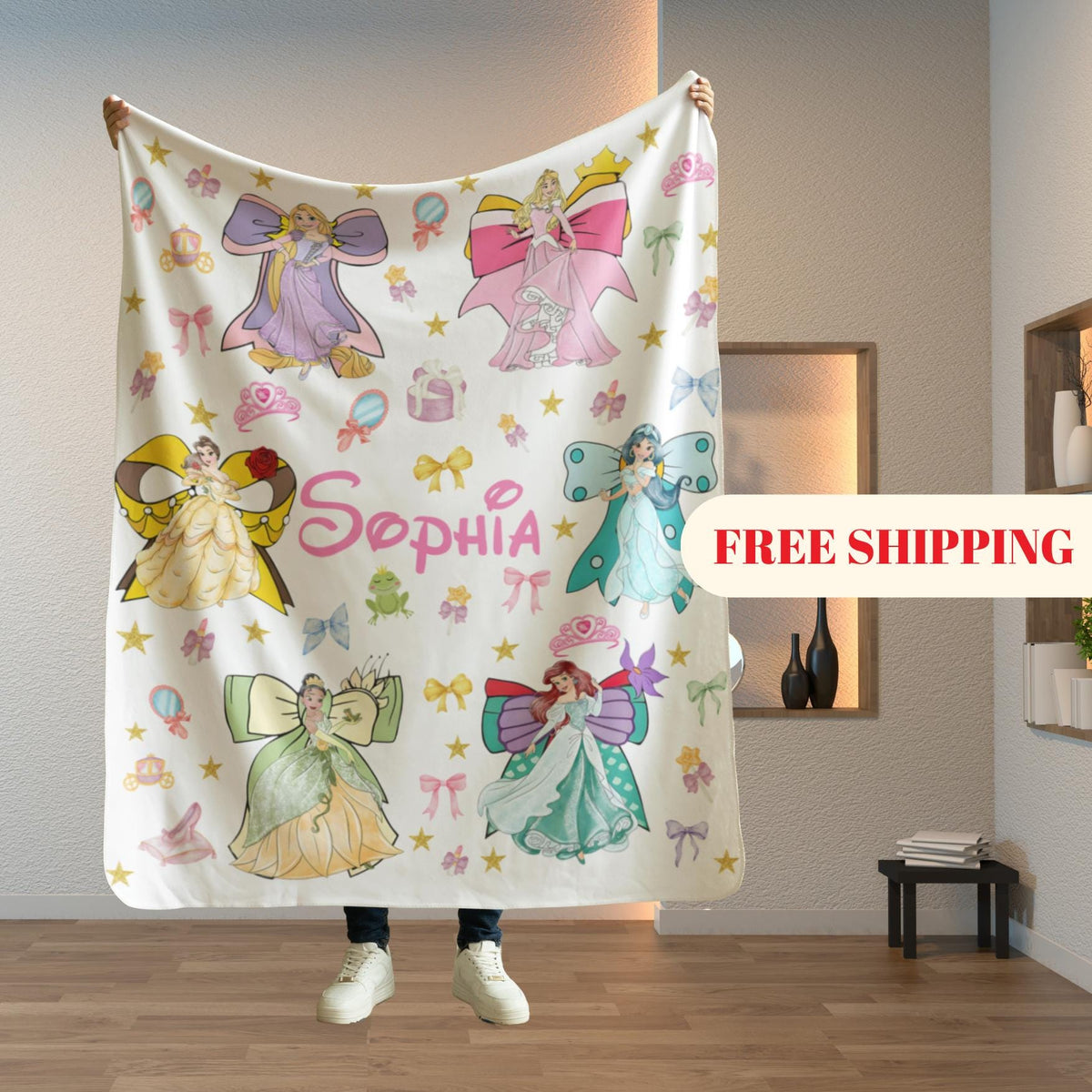 Personalized Watercolor Coquette Bows Disney Princess Blanket, WDW Disneyland Baby Girl Trip Blanket, Disney Princess Birthday Girl Blanket