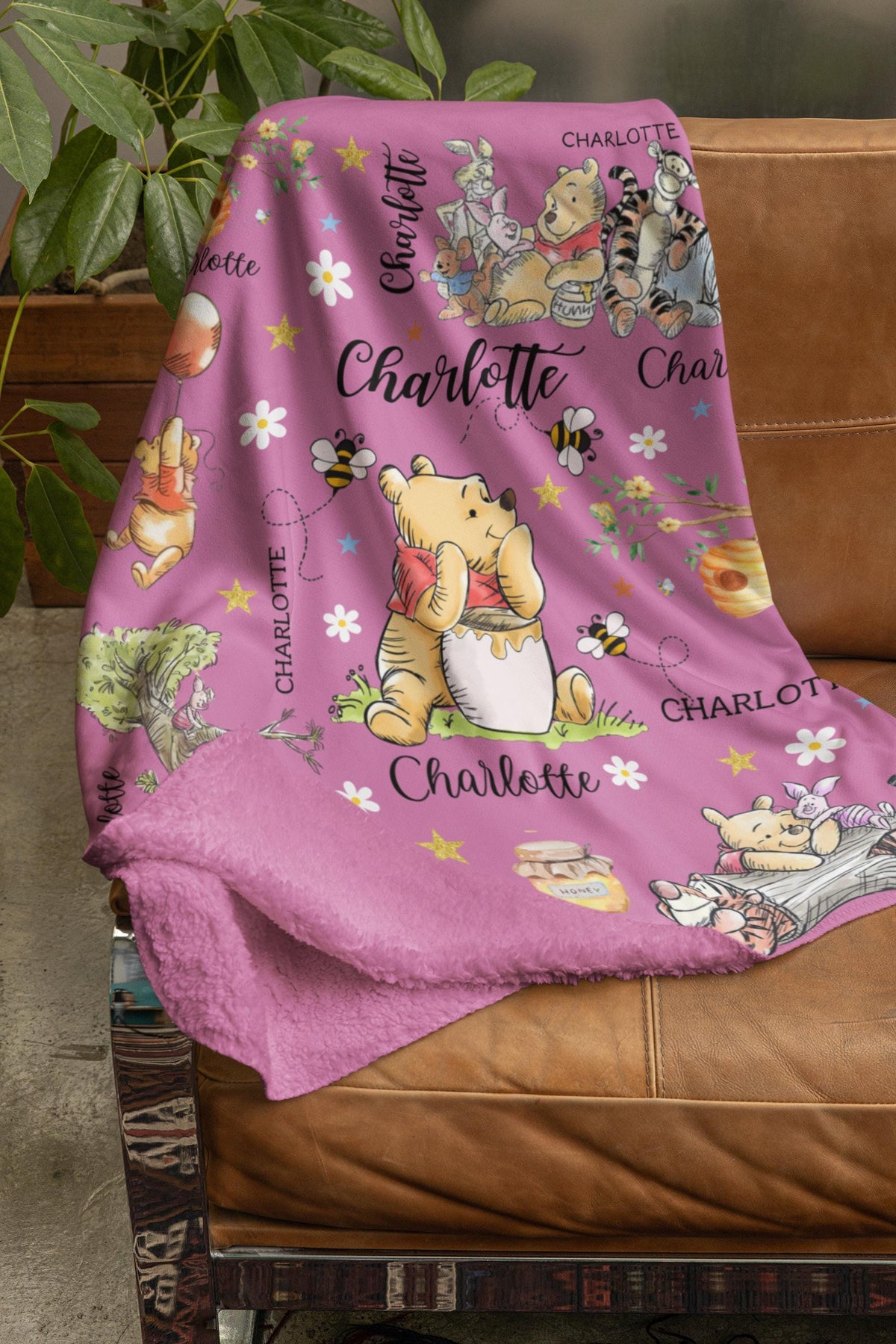 Personalized Winnie the Pooh Blanket, Custom Name Baby Nursery Throw, Soft Minky Flannel