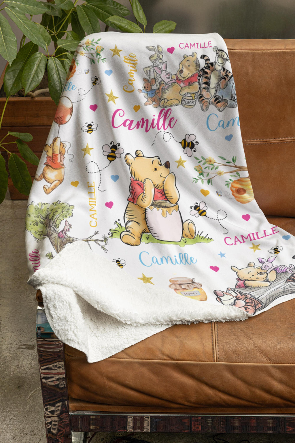 Personalized Winnie the Pooh Baby Blanket, Custom Name Nursery Throw, Soft Toddler Gift