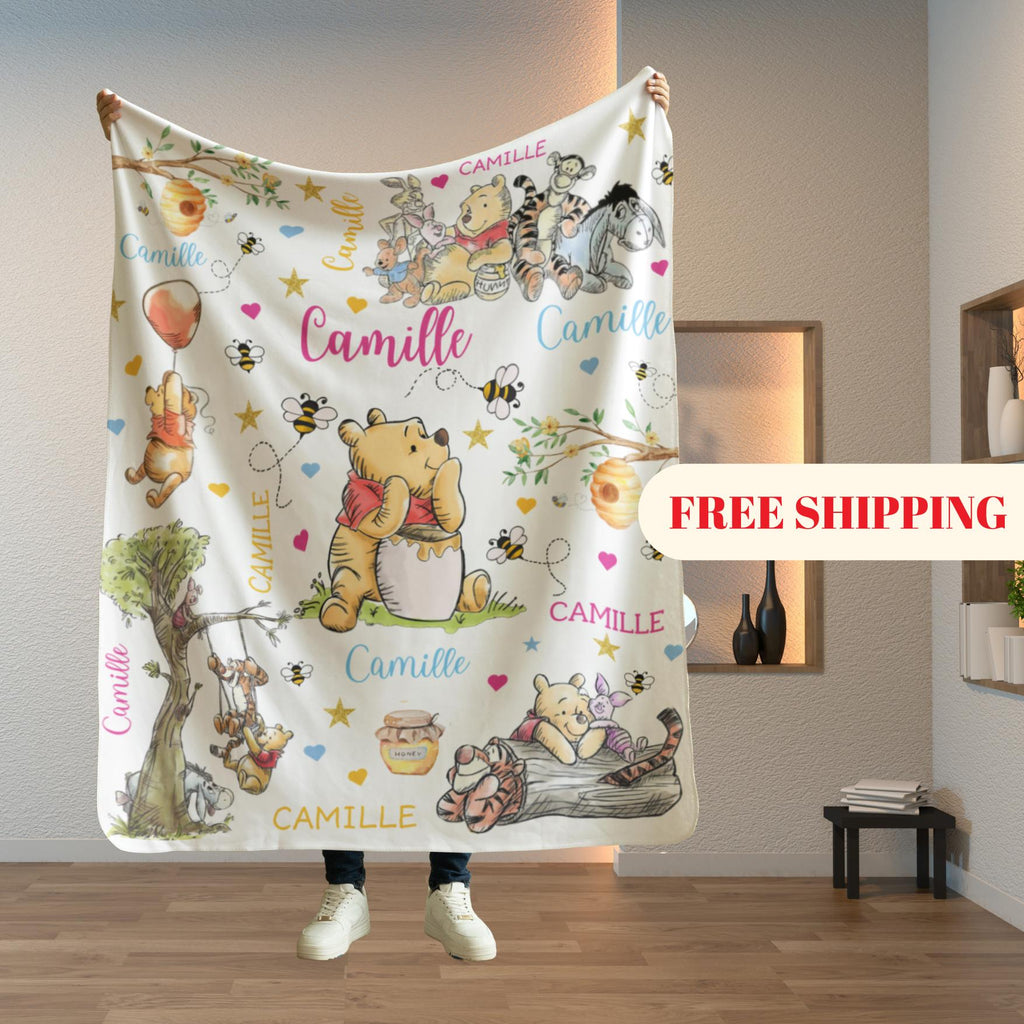 Personalized Winnie the Pooh Baby Blanket, Custom Name Nursery Throw, Soft Toddler Gift