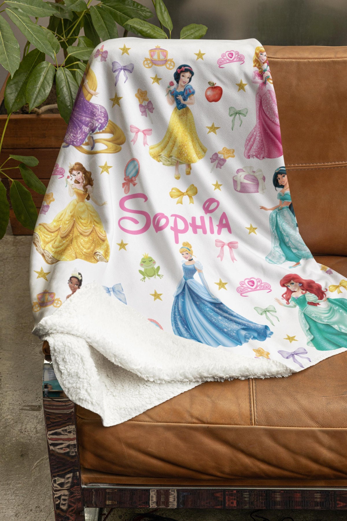 Personalized Watercolor Coquette Bows Disney Princess Blanket, WDW Disneyland Baby Girl Trip Blanket, Disney Princess Birthday Girl Blanket