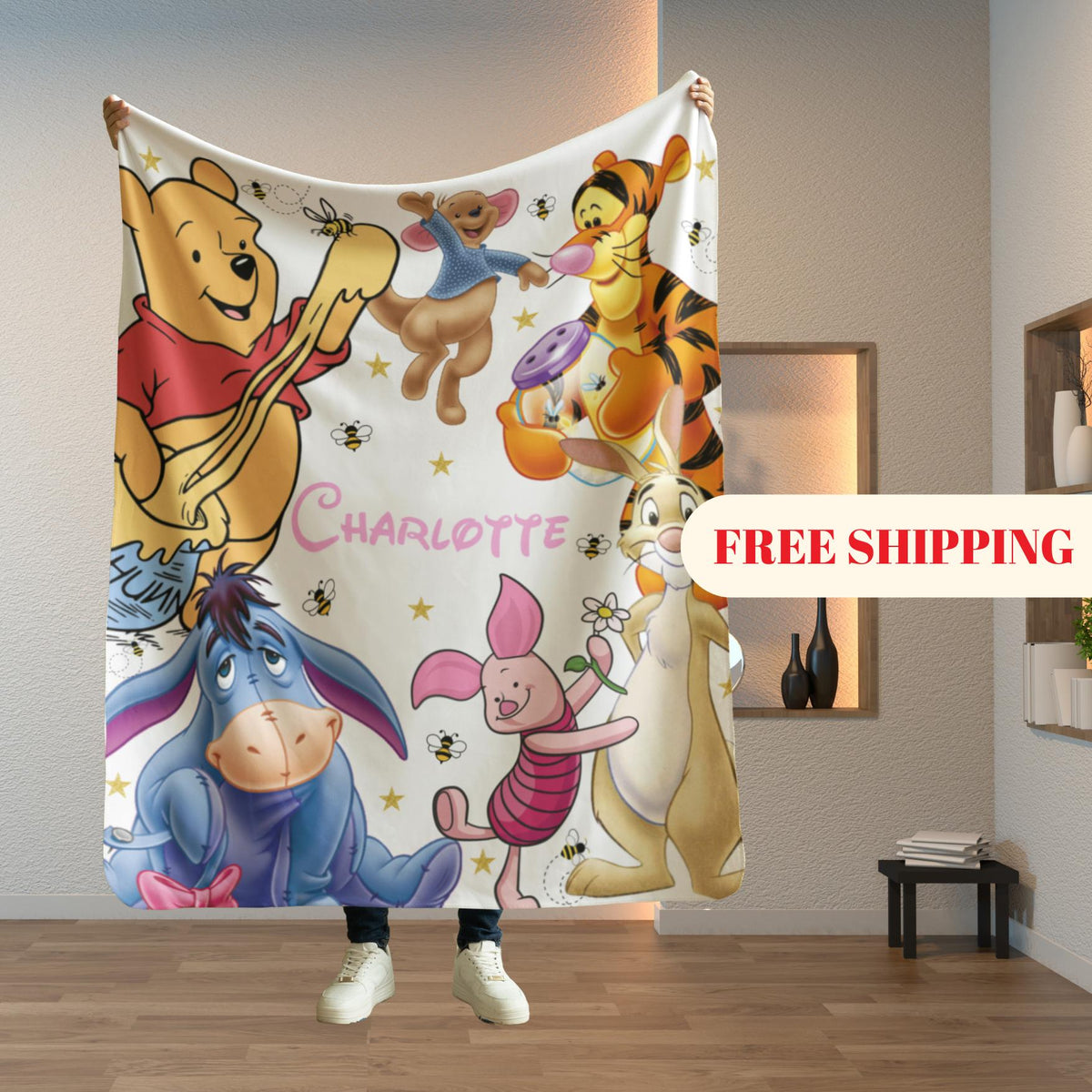 Personalized Winnie the Pooh Blanket, Custom Name Baby Gift, Classic Pooh Nursery Throw
