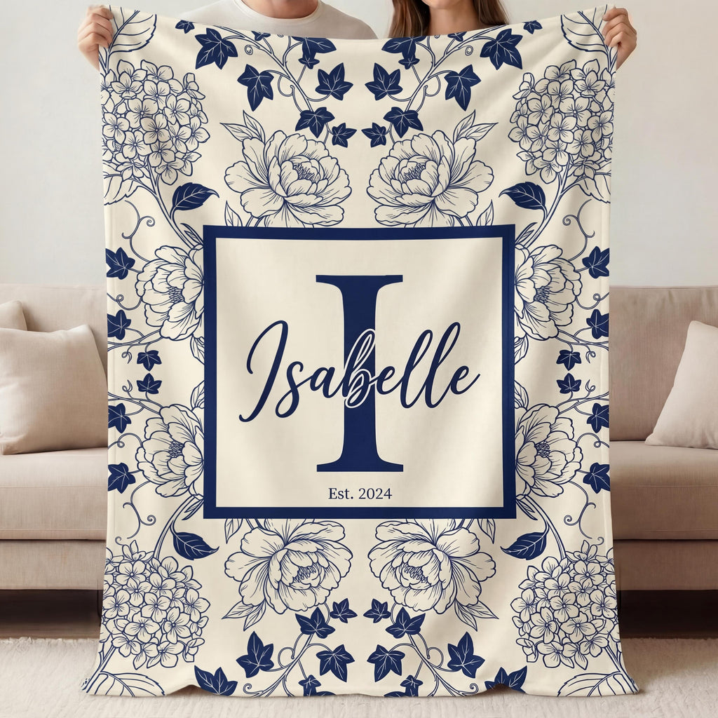 Personalized Chinoiserie Blanket, Blue Floral Toile Throw, Custom Monogram Decor