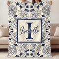 Personalized Chinoiserie Blanket, Blue Floral Toile Throw, Custom Monogram Decor