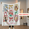 Personalized Watercolor Coquette Bows Disney Princess Blanket, WDW Disneyland Baby Girl Trip Blanket, Disney Princess Birthday Girl Blanket