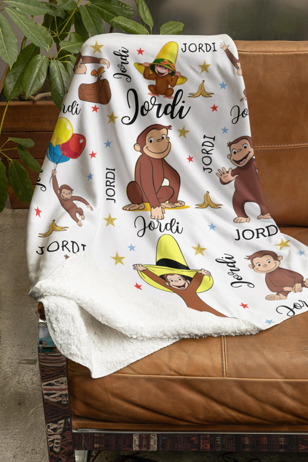 Personalized Curious George Monkey Blanket, Custom Name Fleece Throw
