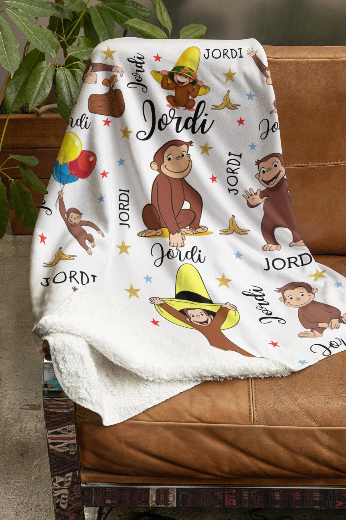 Personalized Curious George Monkey Blanket, Custom Name Fleece Throw