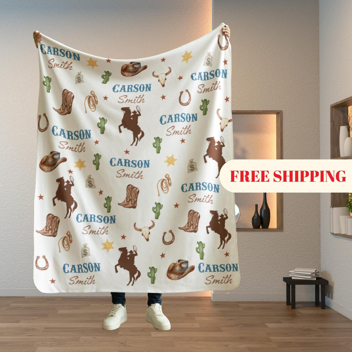 Personalized Cowboy Baby Blanket, Custom Western Nursery Throw, Rustic Horseback Crib Quilt