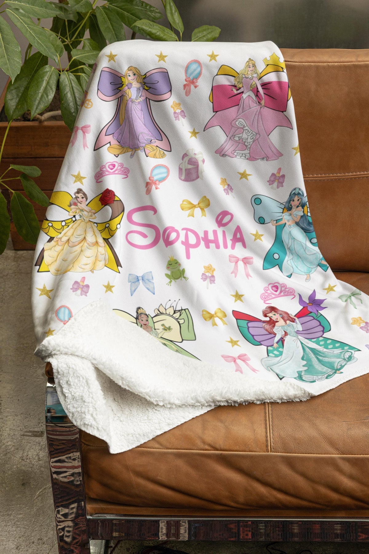 Personalized Watercolor Coquette Bows Disney Princess Blanket, WDW Disneyland Baby Girl Trip Blanket, Disney Princess Birthday Girl Blanket