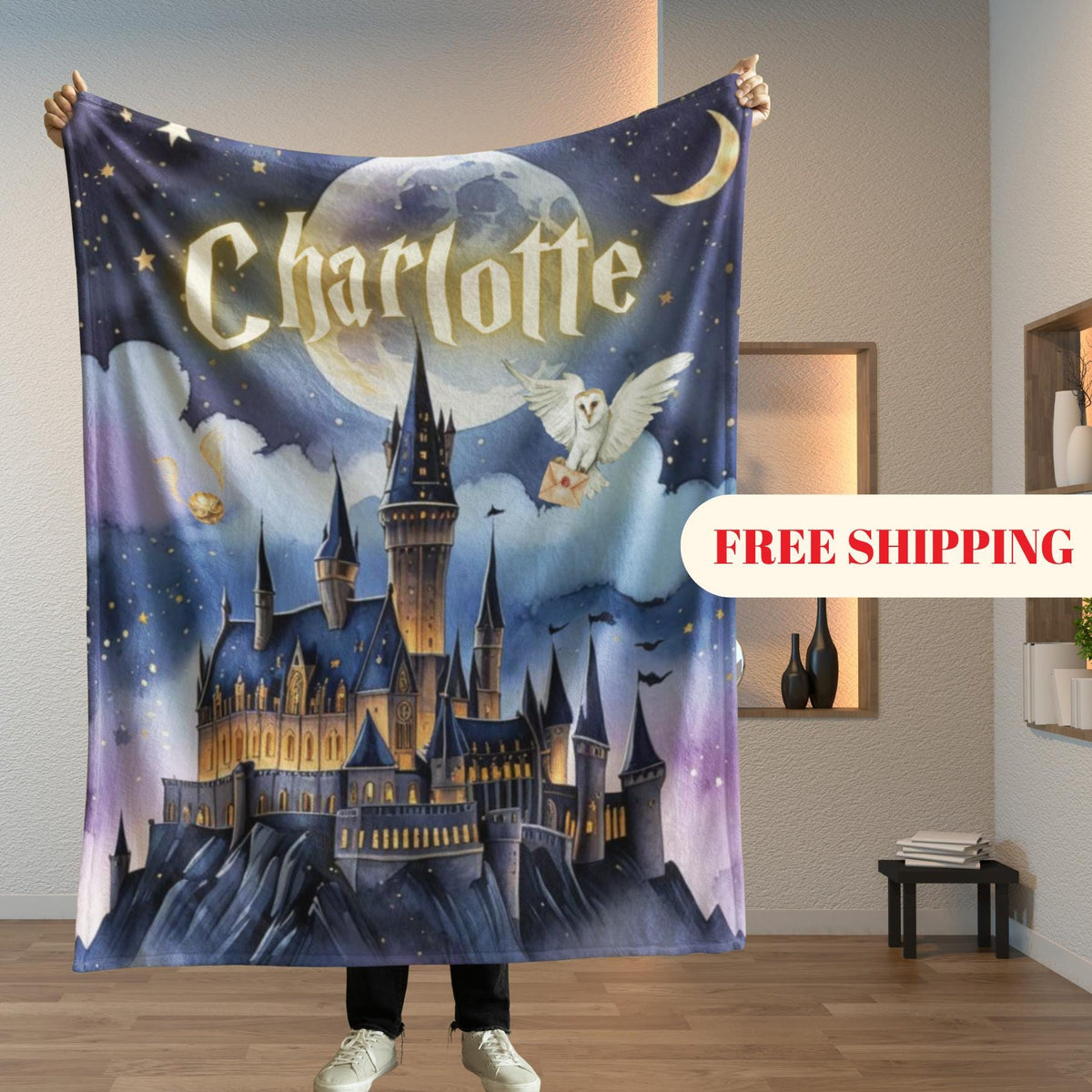 Custom Name Wizard Castle Blanket, Starry Night Magic Throw