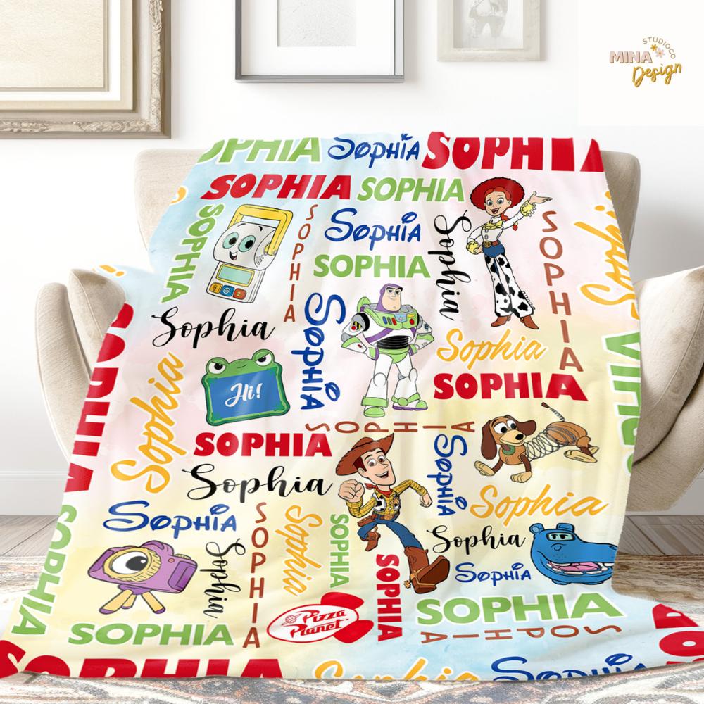 Personalized Disney Toy Story 5 Movie Blanket, Buzz Lightyear Woody Jessie Bo Peep Birthday Home Decor, Family Blanket, Birthday Boy/Girl