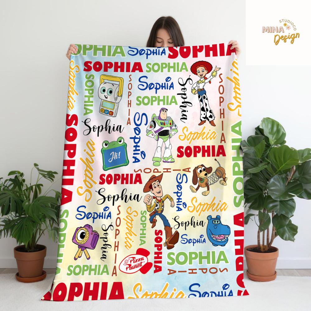 Personalized Disney Toy Story 5 Movie Blanket, Buzz Lightyear Woody Jessie Bo Peep Birthday Home Decor, Family Blanket, Birthday Boy/Girl