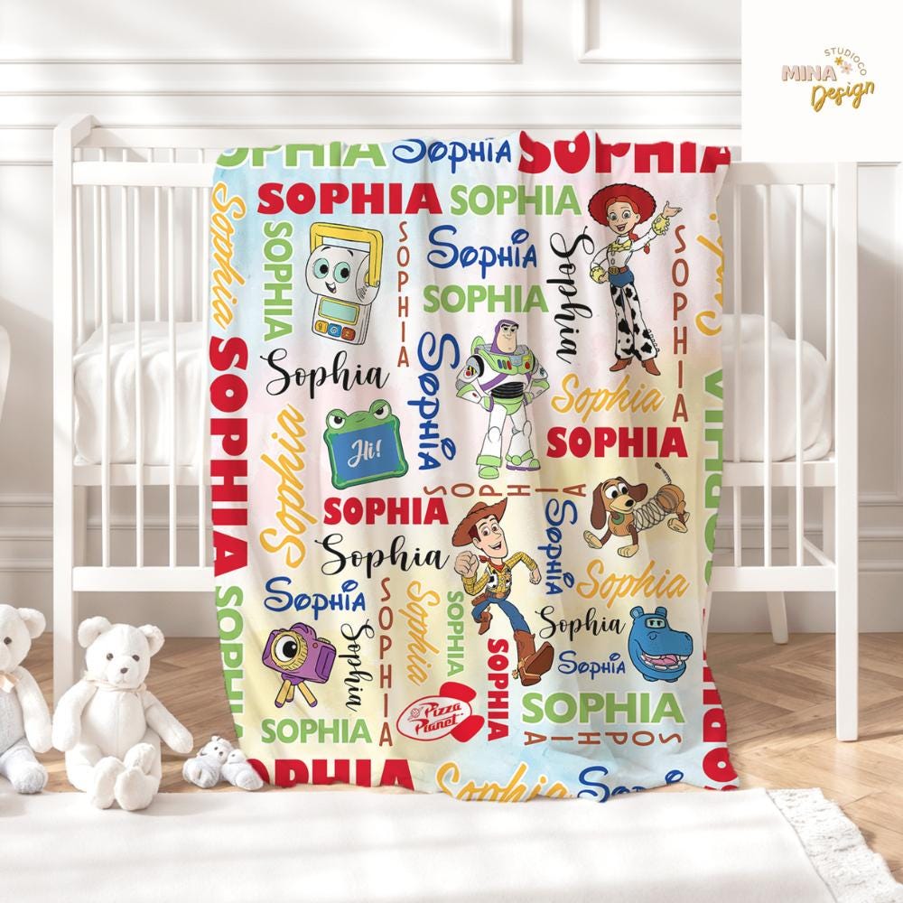 Personalized Disney Toy Story 5 Movie Blanket, Buzz Lightyear Woody Jessie Bo Peep Birthday Home Decor, Family Blanket, Birthday Boy/Girl