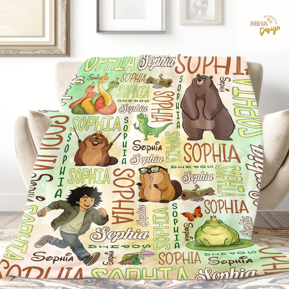 Personalized Disney Hoppers Blanket, Watercolor Mabel Tanaka Tom Lizard Hoppers Movie Birthday Gift Home Decor, Animal Lovers Kids Blanket