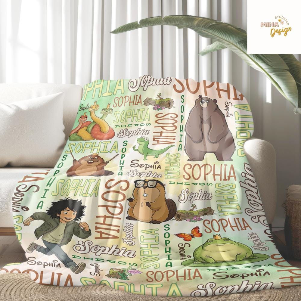 Personalized Disney Hoppers Blanket, Watercolor Mabel Tanaka Tom Lizard Hoppers Movie Birthday Gift Home Decor, Animal Lovers Kids Blanket