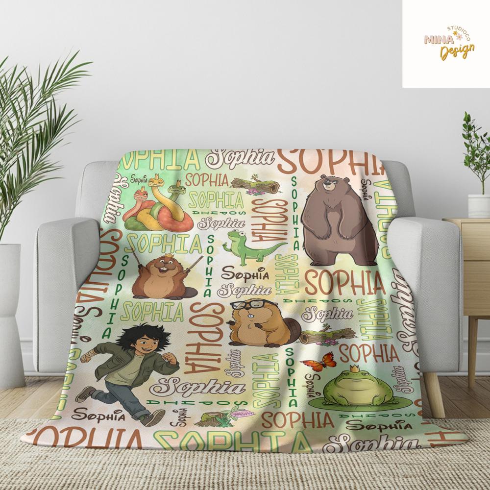 Personalized Disney Hoppers Blanket, Watercolor Mabel Tanaka Tom Lizard Hoppers Movie Birthday Gift Home Decor, Animal Lovers Kids Blanket