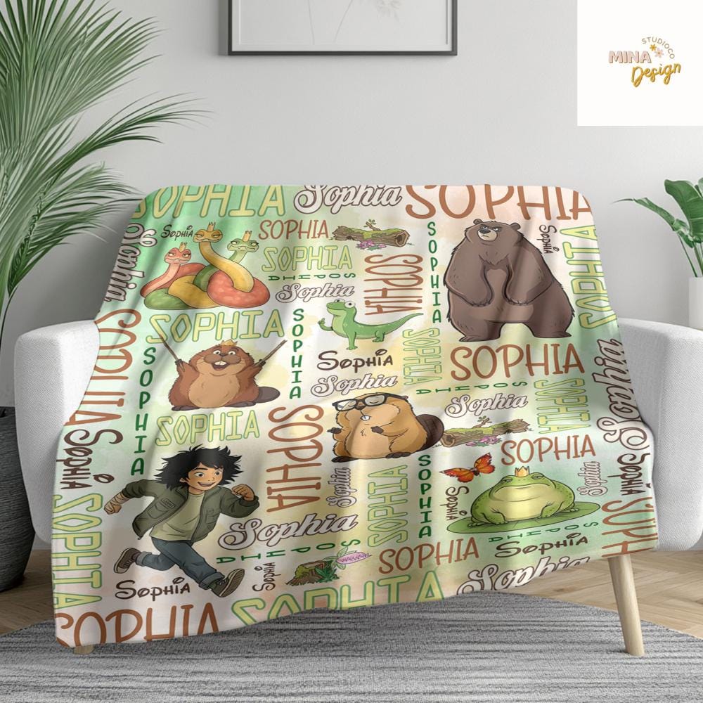 Personalized Disney Hoppers Blanket, Watercolor Mabel Tanaka Tom Lizard Hoppers Movie Birthday Gift Home Decor, Animal Lovers Kids Blanket