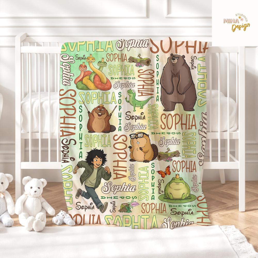 Personalized Disney Hoppers Blanket, Watercolor Mabel Tanaka Tom Lizard Hoppers Movie Birthday Gift Home Decor, Animal Lovers Kids Blanket