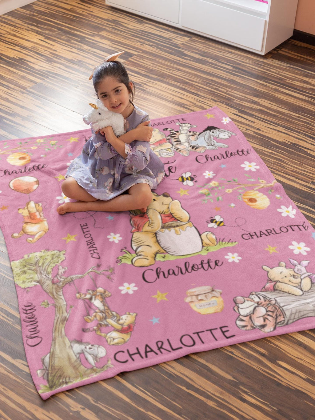 Personalized Winnie the Pooh Blanket, Custom Name Baby Nursery Throw, Soft Minky Flannel