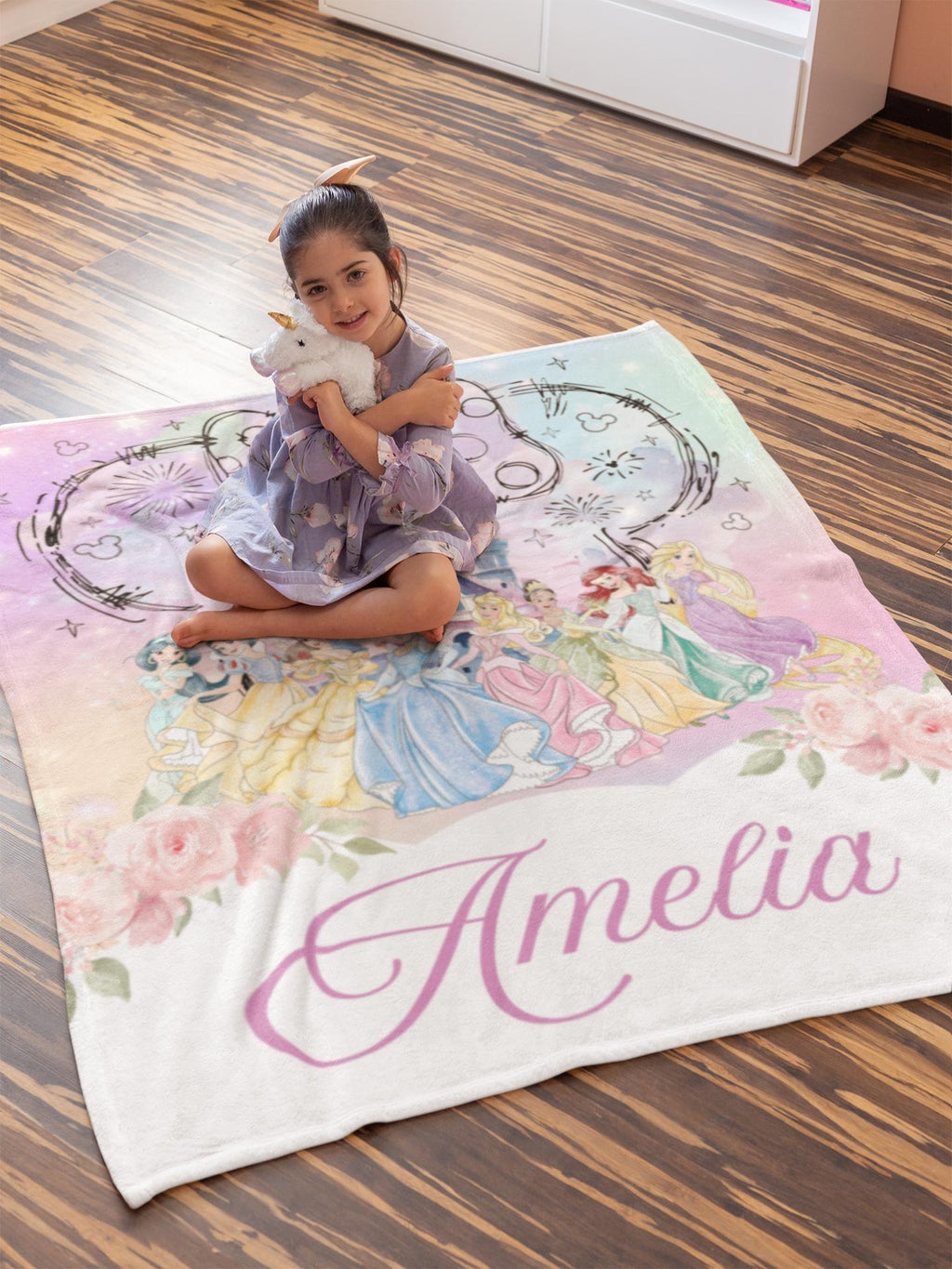 Personalized Disney Princess blanket, Watercolor Castle Coquette bows Blanket, Belle Rapunzel Tiana Ariel Elsa blanket, Birthday Girl gift