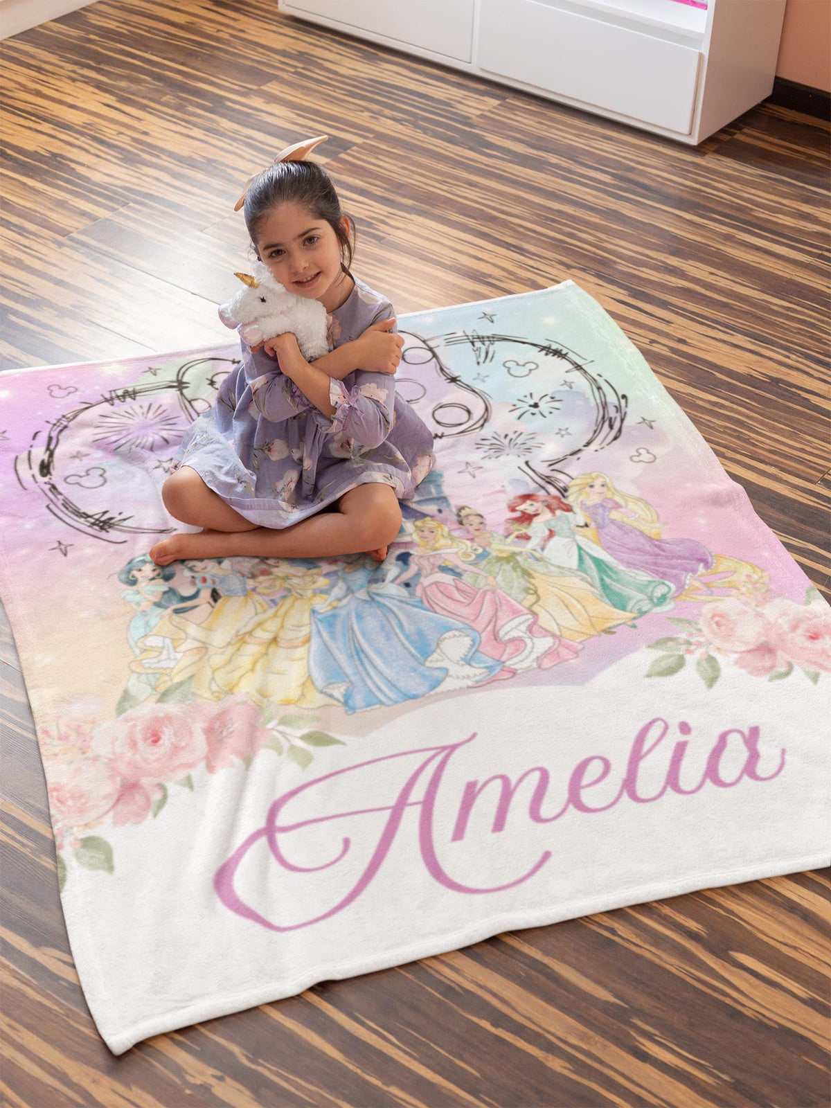 Personalized Disney Princess blanket, Watercolor Castle Coquette bows Blanket, Belle Rapunzel Tiana Ariel Elsa blanket, Birthday Girl gift