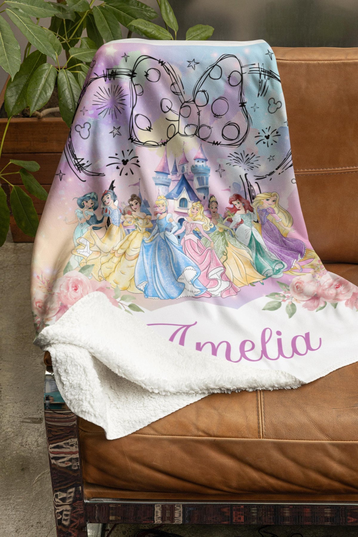 Personalized Disney Princess blanket, Watercolor Castle Coquette bows Blanket, Belle Rapunzel Tiana Ariel Elsa blanket, Birthday Girl gift