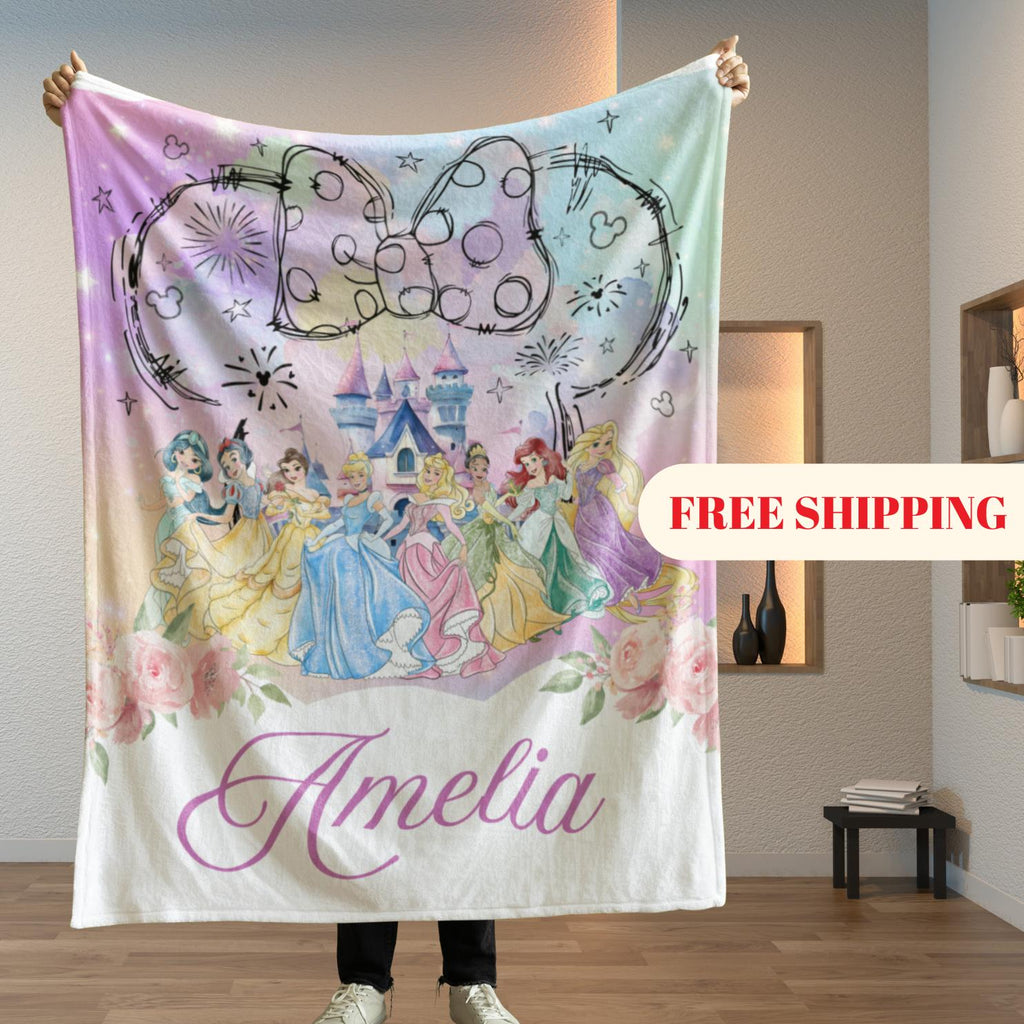 Personalized Disney Princess blanket, Watercolor Castle Coquette bows Blanket, Belle Rapunzel Tiana Ariel Elsa blanket, Birthday Girl gift