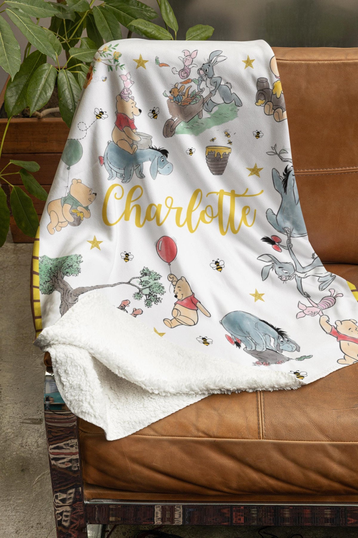 Personalized Winnie the Pooh Minky Flannel Blanket, Custom Name Nursery Throw