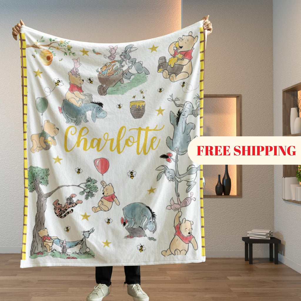 Personalized Winnie the Pooh Minky Flannel Blanket, Custom Name Nursery Throw