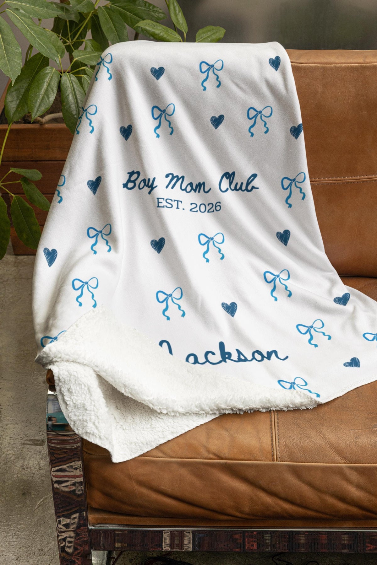 Personalized Boy Mom Club Blanket, Custom Blue Minky Flannel Throw
